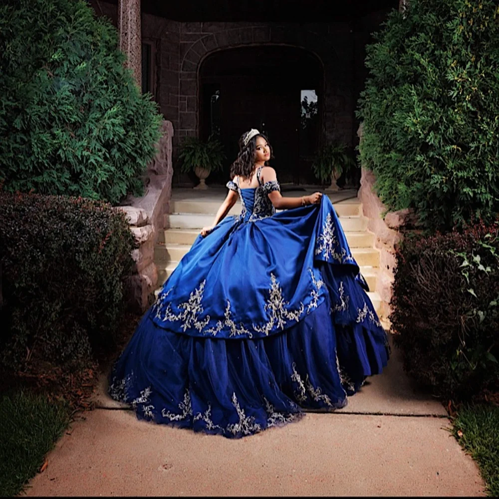 quinceanera dresses navy blue Navy Tulle Corset Dress With 3D Lace Flowers – Lisposa main image 1